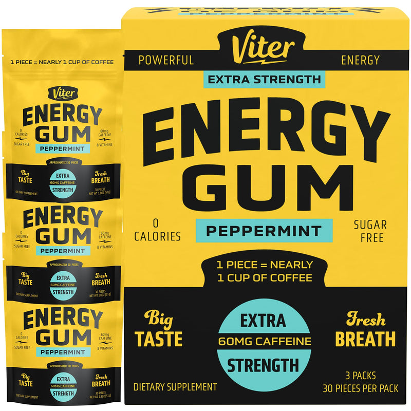 Viter Energy 60mg Caffeine Gum (Peppermint Flavor, 30 Pieces, 3 Pack) - Sugar Free, Vitamin B3, B6, B9, B12, Zero Calories, Caffeinated Energy Chews, Nootropic Focus Supplement for Men & Women Peppermint 30 Count (Pack of 3)