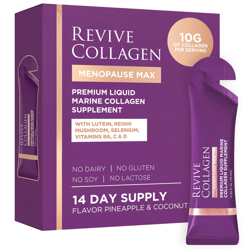 Revive Collagen Menopause Max — Hydrolyzed Marine Collagen Drink for Women, 10,000MG, Lutein, Reishi Mushroom, Vitamin B6, C & D, for Skin & Eye Wellness, Pineapple & Coconut Flavour — 14 Packets 14 days