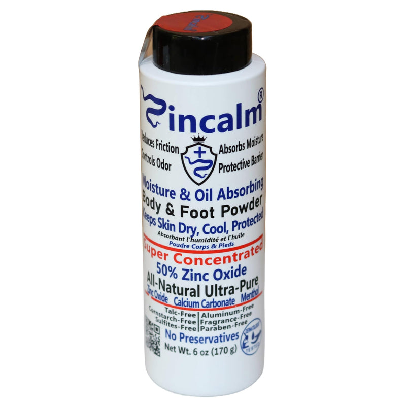 Zincalm All-Natural Body & Foot Powder, Concentrated 50% Zinc, Cornstarch-Free Moisture/Odor Absorbing Anti-Chafing/Friction, Itch Relief Formula for Dry/Cool Skin with Ultra-Pure Calcium & Menthol