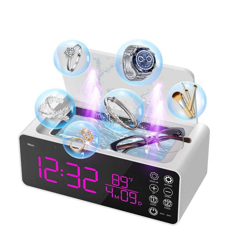 [Australia] - 500ML Capacity 48kHz, Updated Version Ultrasonic Retainer Cleaner, Multi-Functional Cleaner Machine For Dentures, Mouth Guards, Braces, Toothbrush, Jewelry, Glasses with Alam Clock Function, (white) 