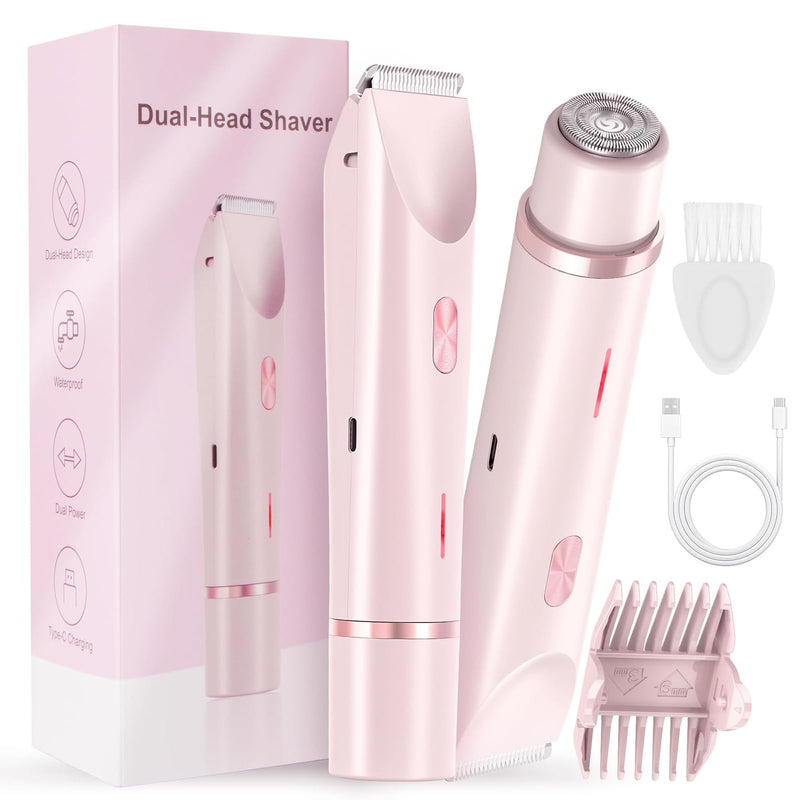 [Australia] - 2025 Glow Aura Womens Shaver, 2-in-1 Women's Body Shaver, Dual Head Bikini Electric Razor for Women, IPX67 Waterproof Wet & Dry Use Body Hair Trimmer (Pink) 