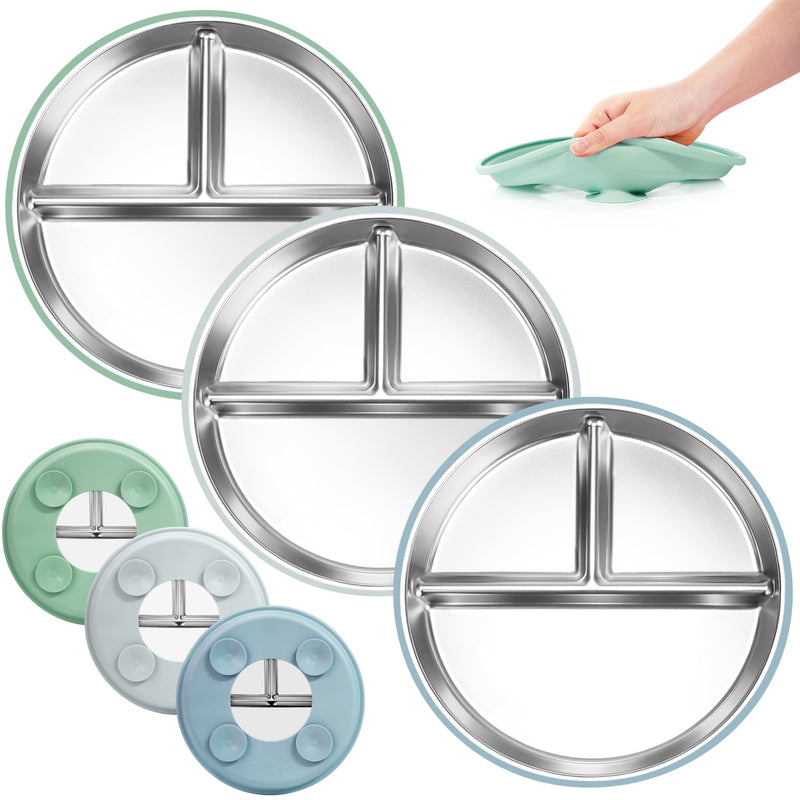 [Australia] - Bella's Friends Stainless Steel Baby Plates with Suction 3 Pack, 9” Divided Toddler Plates with Removable Silicone Sleeves for Mess-Free Feeding, Non-Toxic, Non-Slip, Dishwasher Safe, Green,Blue,Gray 3pack 9" 