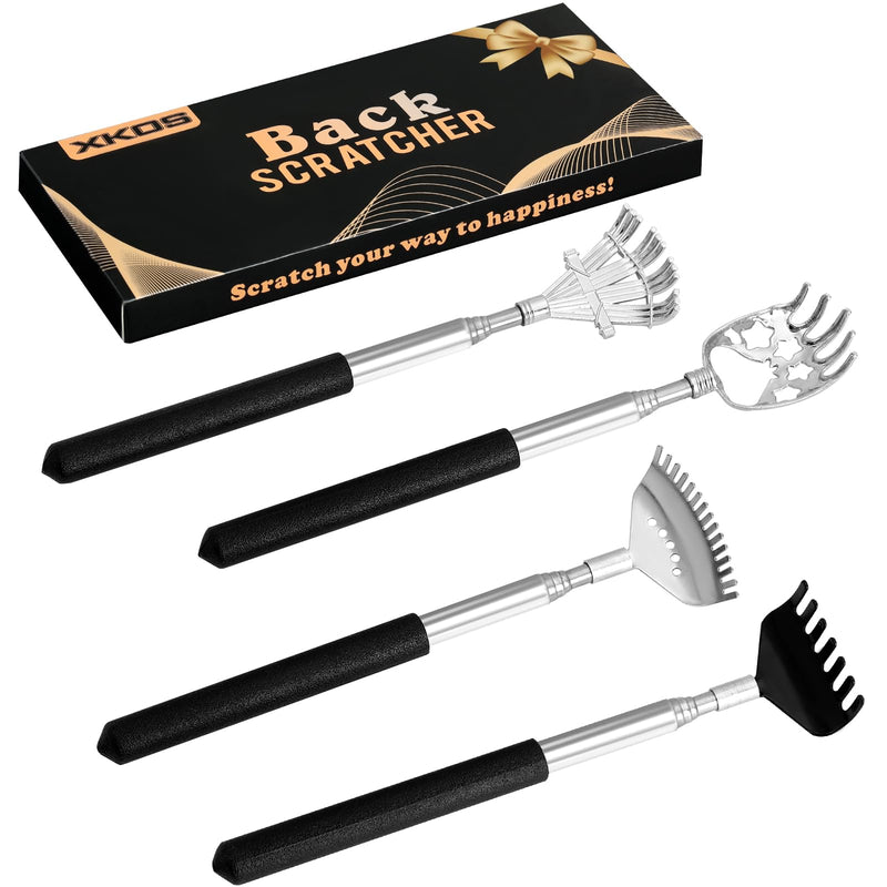 [Australia] - XKOS 4 Pack Different Back Scratcher Portable Telescoping with Rubber Handles, Extendable Metal Back Massager Tool with Beautiful Box, Stocking Stuffers for Men Women Adults (Black) Black 