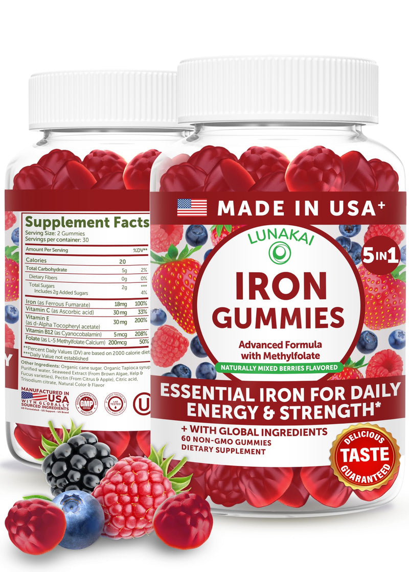 Lunakai USA Made Vegan Iron Gummies 5-in-1 with Methylfolate, Vitamin C, E & B12 - Daily Chewable Iron Supplement for Women, Men & Kids - Energy & Blood Health Support, Non-GMO, 60ct