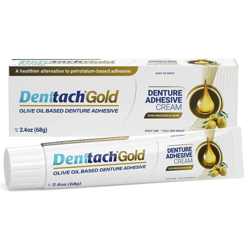 [Australia] - Denttach Gold Denture Adhesive, Petroleum Free Olive Oil Based Premium Denture Adhesive Cream for Full and Partial Dentures, All Day Secure Hold Denture Glue, Zinc Free, 2.4 Ounce 1 