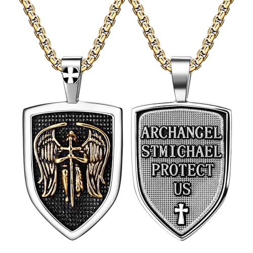 St Michael Necklace for Men, Stainless Steel Silver Gold - Archangel Amulet