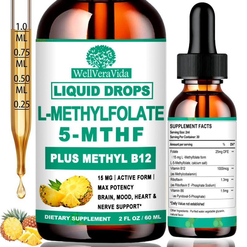 L Methylfolate 15mg Liquid Drops, 5-MTHF Plus Methyl B12 for Adults & Kids | Methylfolate Supplement w. Methyl B12, B6 & B2 for Mood, Methylation, Homocysteine, Cognition & Energy Support, Vegan Non-GMO Pineapple 2 Fl Oz (Pack of 1)