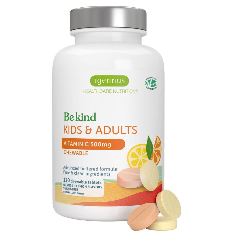 Igennus Vitamin C Chewable 250-500mg Gentle & Buffered for Kids & Adults | Optimized Absorption with Sodium Ascorbate & Ascorbic Acid, Sugar Free Natural Orange & Lemon Flavors, 120–240 Servings