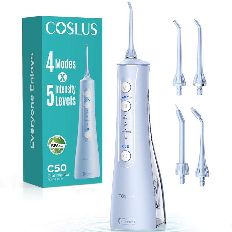 COSLUS ADA Accepted C50 Water Dental Flosser, 4 Modes 5 Intensity Levels | Professional Water Teeth Pick for Braces, Orthodontics & Sensitive Gums, Compact Cordless for Family Home Travel, Blue