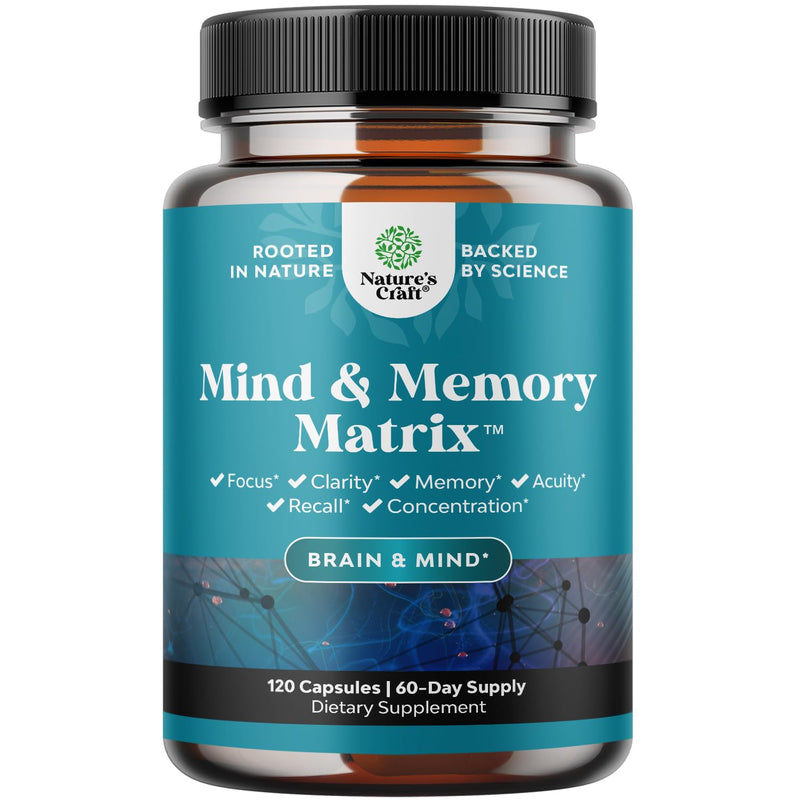 Brain Supplements for Memory and Focus, Mind & Memory Matrix, 120 Capsules | 4 mg Bacopa extract plus a 638 mg proprietary blend per serving with DMAE, GABA, green tea & phosphatidylserine 120 Count (Pack of 1)