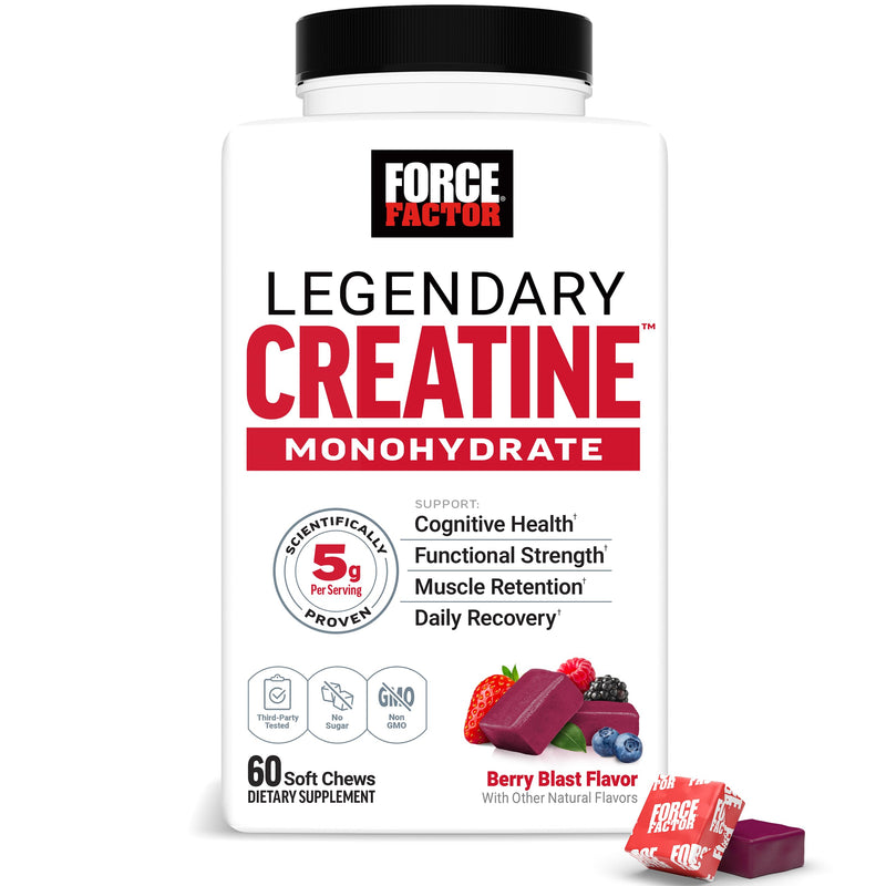 [Australia] - FORCE FACTOR Legendary Creatine Chews, 5g Creatine Monohydrate, Build Muscle, Improve Strength & Recovery, Support Memory & Cognitive Function, Sugar Free, Berry Blast, 60 Soft Chews 