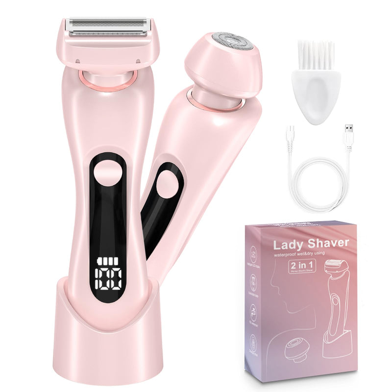 2 in 1 Women Electric Shaver, Dual Head Bikini Trimmer for Women, Rechargeable Ladies Electric Razor for Bikini Underarm Leg Arm Body Face Private Area, Wet and Dry Use Body Hair Trimmer