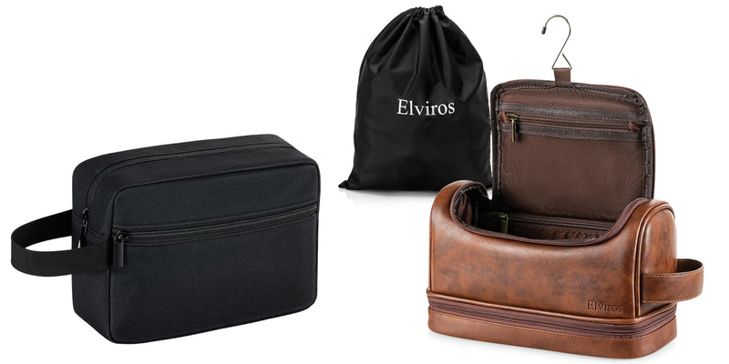 Elviros Travel Toiletry Bag Mens Leather Travel Organizer Kit with hanging hook Water-resistant Toiletries Bathroom Shaving Bags for Women