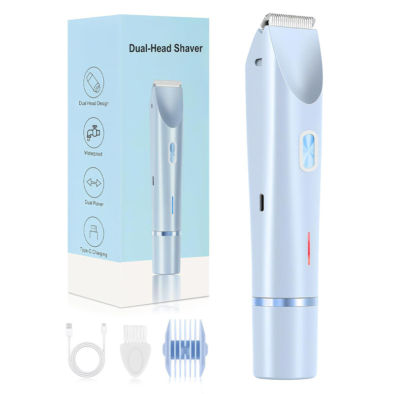 [Australia] - Bikini Trimmer for Women, 2 in 1 Dual Head Painless Electric Razors for Women, Bikini Shaver, Wet and Dry Waterproof Womens Shaver for Face, Legs, Underarm (Blue) Blue 