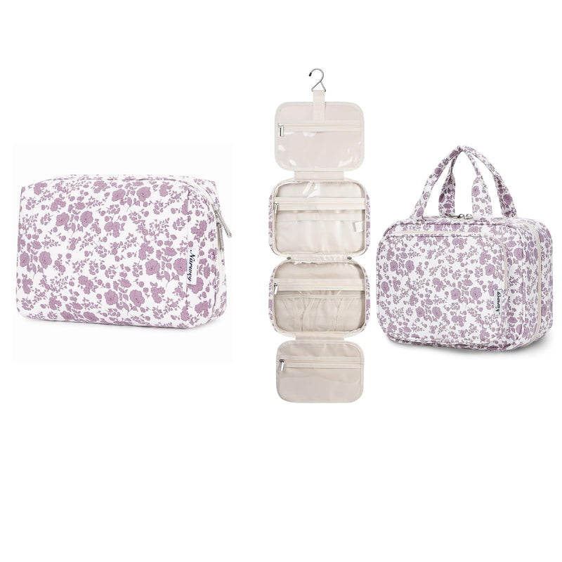 Narwey Cute Floral Makeup Bag Travel Cosmetic Bag with Hanging Toiletry Bag for Women