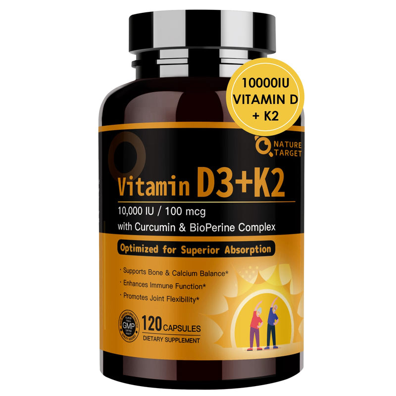 NATURE TARGET Vitamin D3 K2, 10,000 IU D3 & 100 mcg K2, 120 Capsules | High-Potency D3 and K2 as MK-7 with MCT Powder for Max Absorption, Supports Bone, Calcium, Immune, and Heart Health 120 Count (Pack of 1)