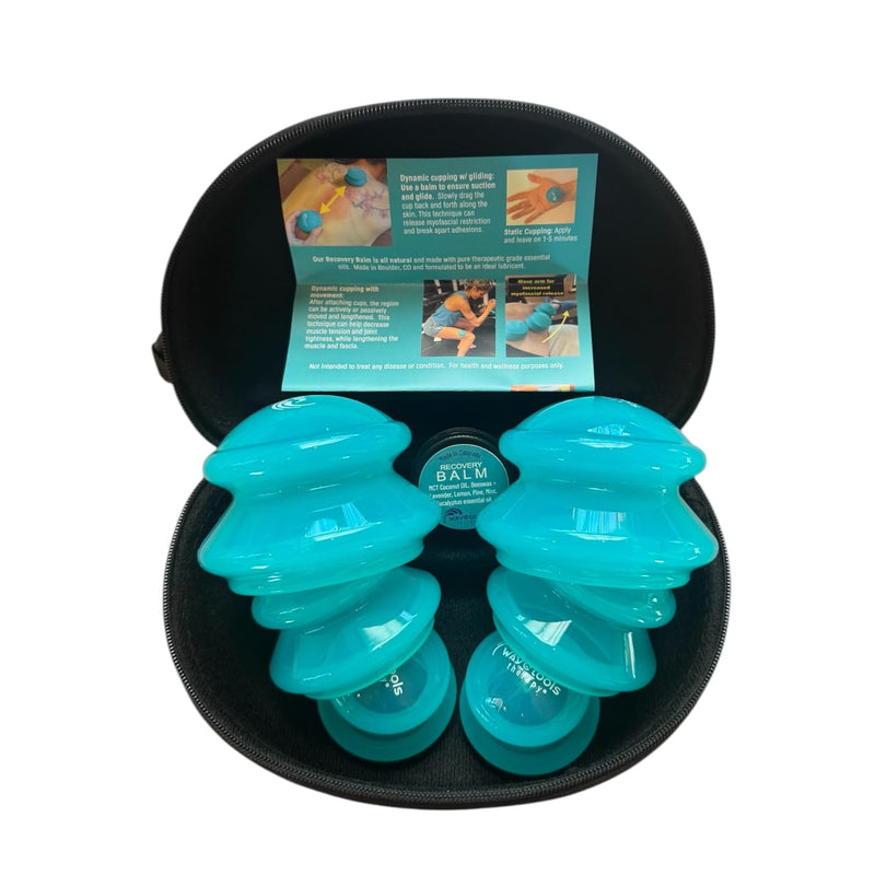 [Australia] - Wavetools Therapy Glide Silicone Sport Cupping Set of Mushroom Cups in case with Balm Ideal for Massage, myofascial Release, Circulation and Scars. (Clear Teal Finish, 6 Pack in case) Clear Teal Finish 