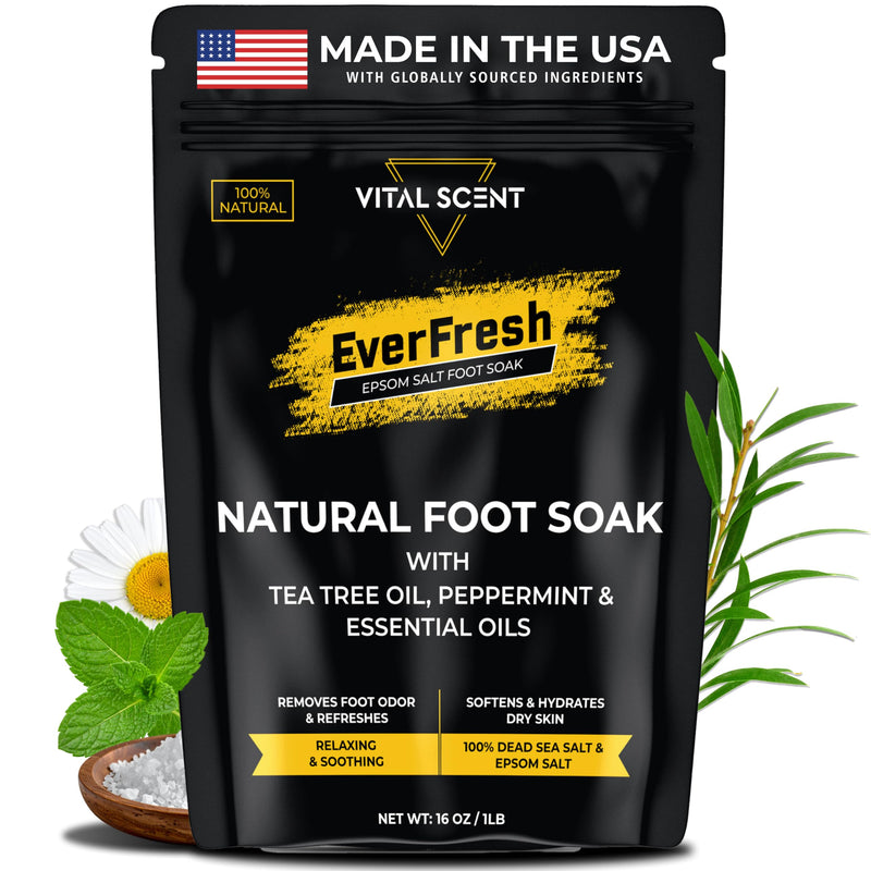 Heavy Duty Tea Tree Oil Foot Soak Epsom Salt for Soaking for Odor &Footbath | Soften Calluses - Nail Discoloration - Relaxing Pedicure Soak - Dry Skin & Rough Heels - 16oz Foot Soak Salt