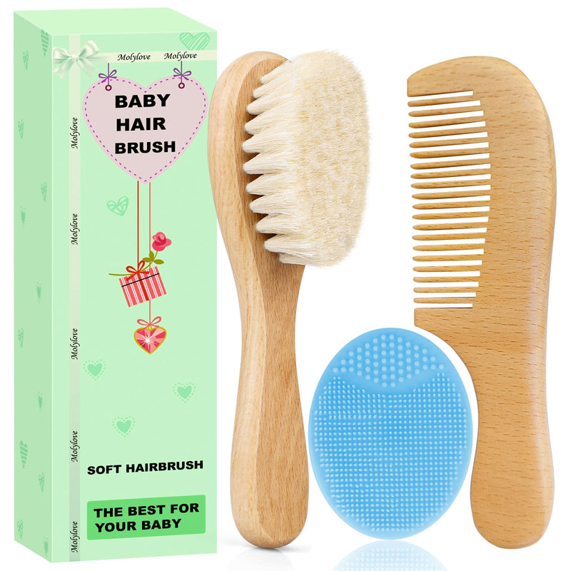 [Australia] - Baby Hair Brush with Wooden Handle and Comb Set for Newborns & Toddlers | Natural Soft Goat Bristles l Wood Comb l Blue Cradle Cap Brush| Ideal for Cradle Cap (3 Piece) Blue Silicone Brush (3pcs) 