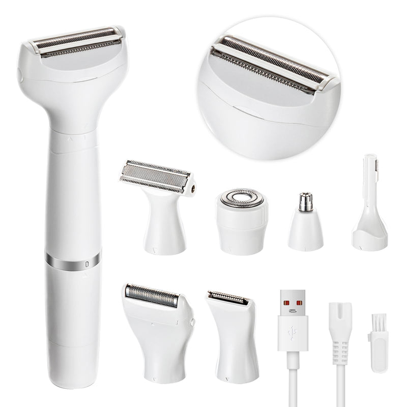 7-in-1 Electric Razor for Women - Painless Facial Hair Removal & Bikini Trimmer, Nose Eyebrow Pubic Hair Shaver with Replaceable Razors, Waterproof Women's Grooming Kit & Electric Shaver White 7 in 1