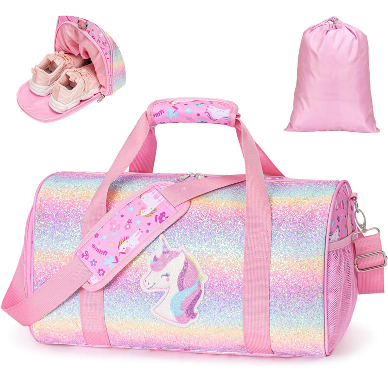 Kids Travel Duffle Bag - Weekender Bag for Girls 3-8 Year Olds | Dance Ballet Gym Overnight Bag with Adjustable Padded Strap, Dry&Wet and Shoe Area, Includes a Laundry Bag, Pink Unicorn 01 Pink Unicorn Medium-25L(Ages 3-8)