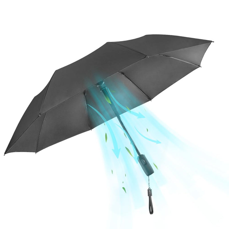 WOOLALA UV Sun & Rain Umbrella with Built-in Cooling Fan UPF 50+ | Portable Foldable Design, USB Rechargeable for Sports Games, Theme Parks on Hot Days Black