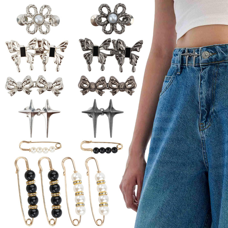 [Australia] - Chanaco Pant Waist Tightener, 14Pcs Jean Buttons Pins for Loose Jeans, Adjustable Bow Waist Cincher Clip, Metal Star Brooch for Clothing Decoration No Sew Pants Clips to Tighten Waist 