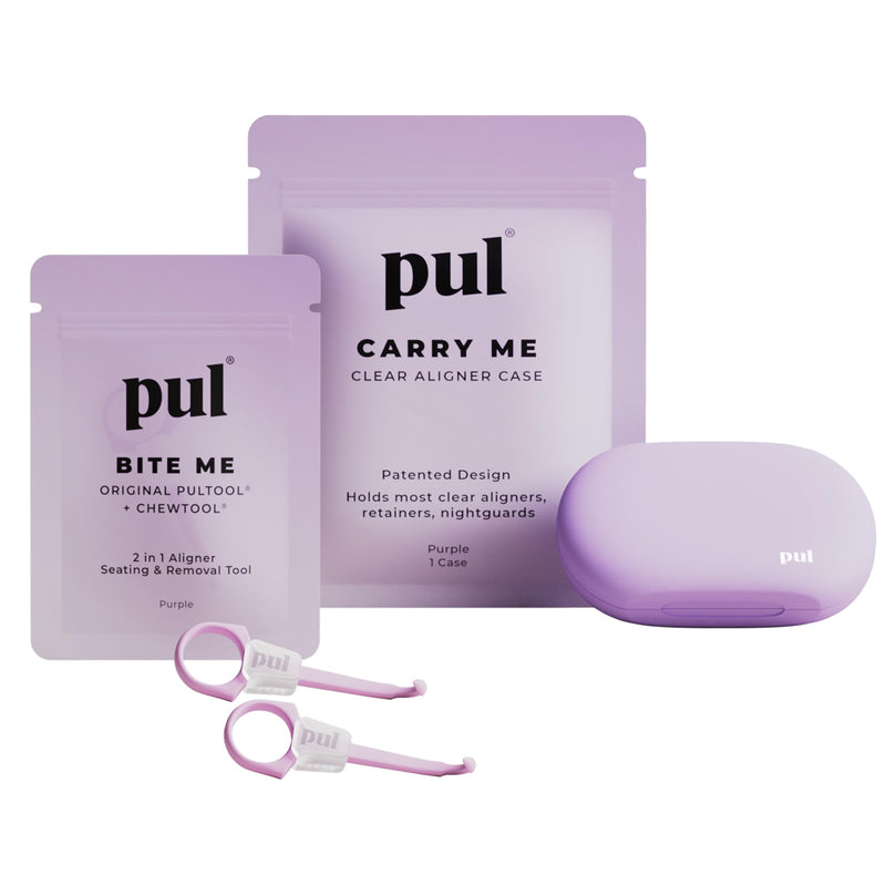 PUL Aligner Care Convenience Kit – Case + 2-in-1 Tool for Invisalign, Retainers, Partial Dentures, Mouth & Night Guards & More – Purple Case & 2-Pack of Purple Aligner Seating Chewie & Removal Tool Purple - Combo