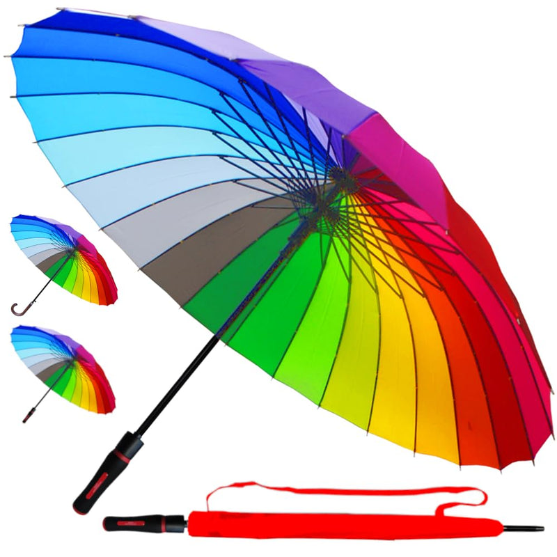 Extra Strong - Windproof 24 Rib Large Strong Rainbow Umbrella XL Automatic | Heavy Duty Golf Umbrella For Rain and Wind - 3 Layer Frame - Choice of 2 Handles - Best for Most Ribs Straight Handle
