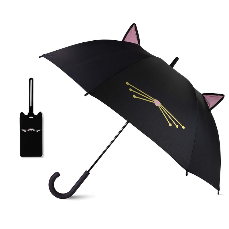 kate spade new york Silicone Luggage Tag with Durable Strap Bundle with Cute Large Umbrella (Black Cat)