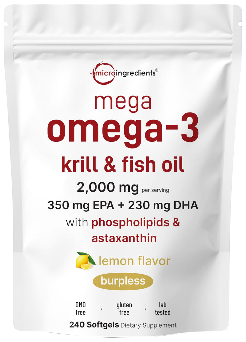 [Australia] - Mega Omega-3 Krill & Fish Oil 2,000mg Equivalent, 240 Softgels | Lemon Flavored | Burpless | Essential Fatty Acids & Astaxanthin | EPA 350mg + DHA 230mg | Heart & Brain Supplement 