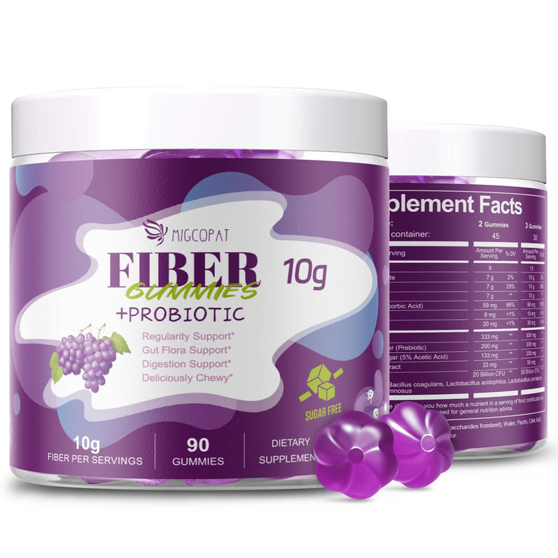 Migcopat 10G Fiber Gummies with 30 Billion CFU Probiotics, Grape Flavor, Bloating Support, Fiber Supplement with Vitamin C, ACV, Inulin, Sugar Free, 180 Count 180 Count (Pack of 1)