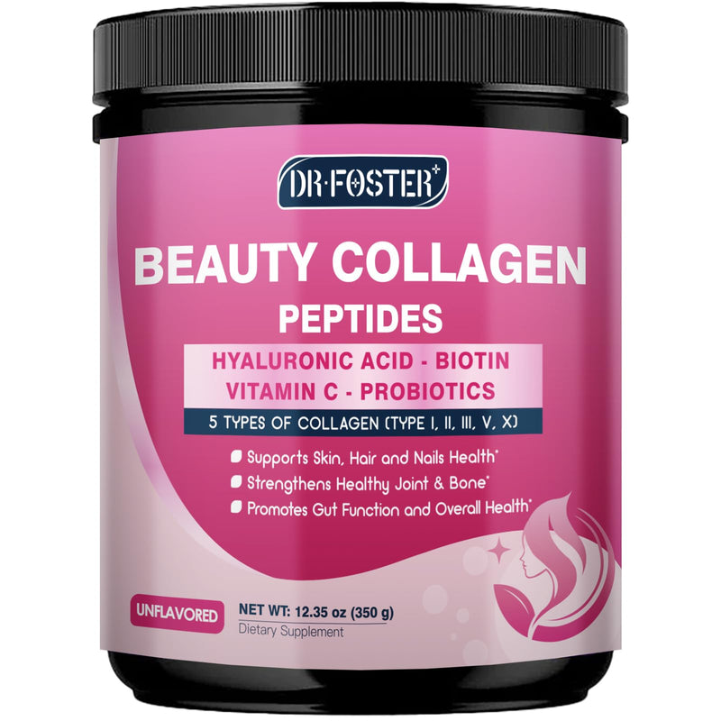DRFOSTER Multi Collagen Peptides Powder with Beauty Complex, 35 Servings | Type I, II, III, V, X, Hydrolyzed Collagen Powder with Vitamin C & Biotin for Skin Hair Nail Joint for Women, Non-GMO 12.35 Ounce (Pack of 1)