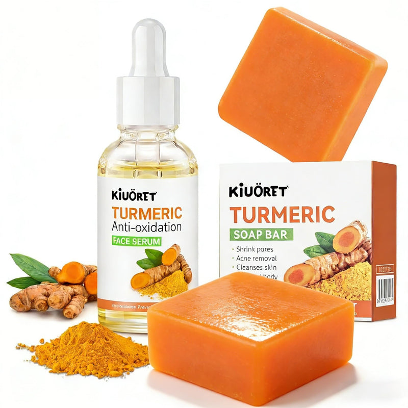 3PCS Turmeric Soap & Serum Set - Turmeric Face Serum + 2 Turmeric Soap Bars with Vitamin C & E - Deep Cleanses Pores, Reduces Acne, Controls Oil, Soothes Skin - Hydrating Facial Kit for All Skins Turmeric+3Pcs