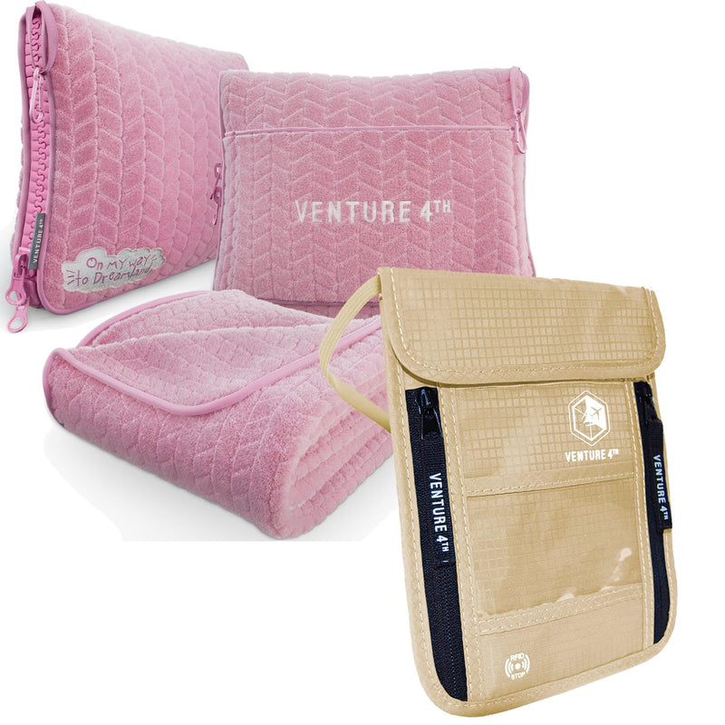 VENTURE 4TH Travel Essentials Bundle: RFID Blocking Neck Wallet & 2-in-1 Travel Blanket Pillow