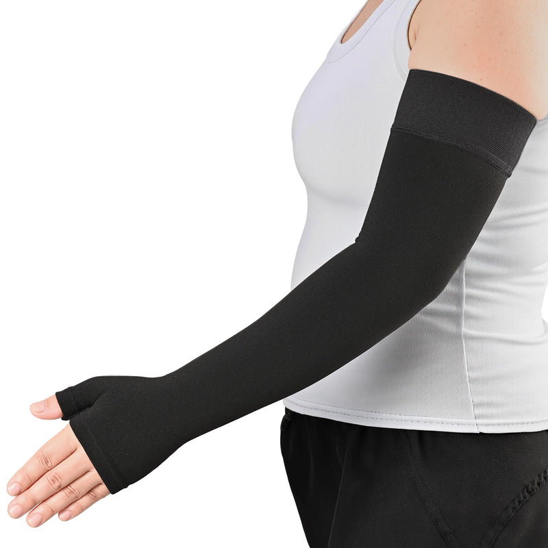 [Australia] - KEKING Lymphedema Medical Compression Arm Sleeve with Gauntlet, 15-20 mmHg Graduated Compression Full Arm Support for Women Men (Single), Long Pressure Arm Hand Brace for Arthritis, Bursitis, Edema Large Black (Single) 