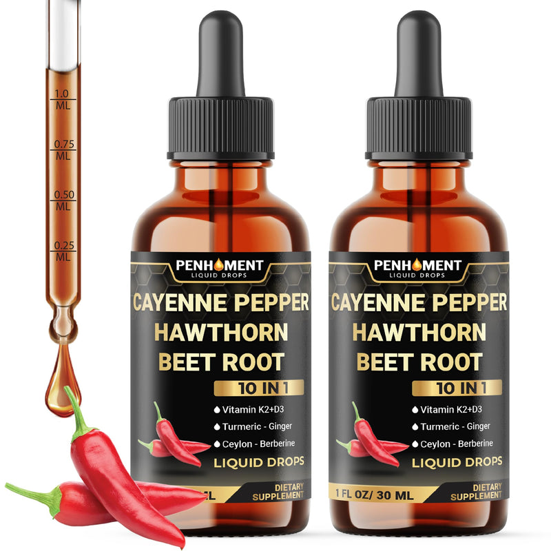 2 Packs - 2700 mg 10in1 Cayenne Pepper Liquid Drops with Hawthorn Berry, Vitamin D3 K2, Beet Root, Ginger Turmeric, Ginger, Ceylon Cinnamon, Berberine, and Ginseng - 2 Months 2 Fl Oz (Pack of 1)