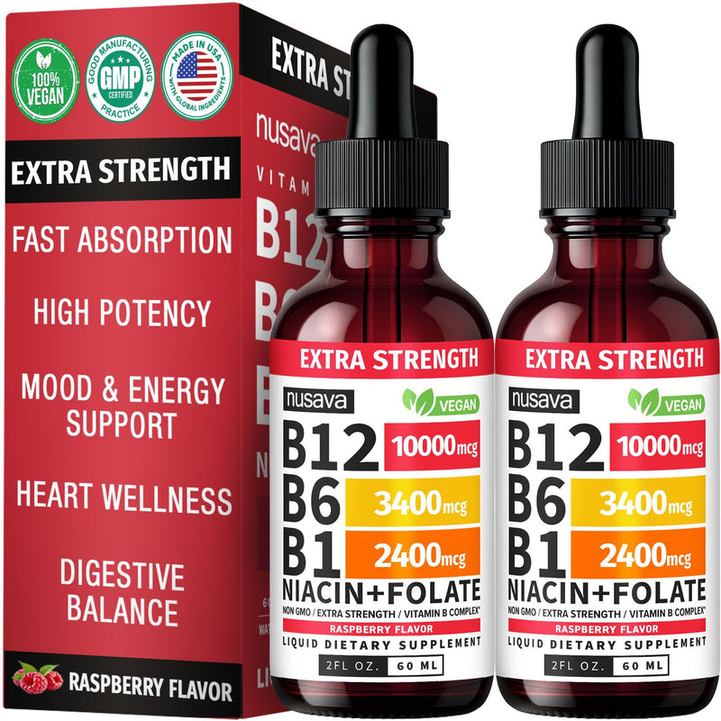NUSAVA Extra Strength B12 Liquid Drops 10000mcg, Raspberry, Pack of 2 | Energy, Brain and Heart Support, Extra Strength Methylcobalamin B12 with B6, Non-GMO, Sublingual Drops for Women and Men