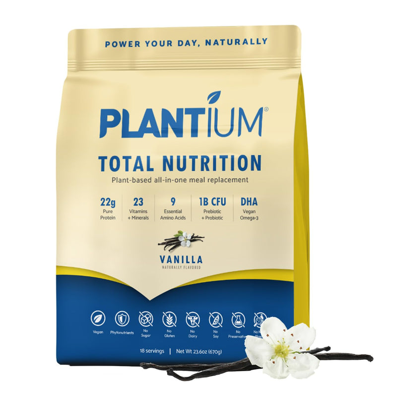 Plantium Total Nutrition Meal Replacement Protein Powder, Vanilla | Plant-based all-in-one shake with 22g protein per serving, vitamins, minerals and probiotics.