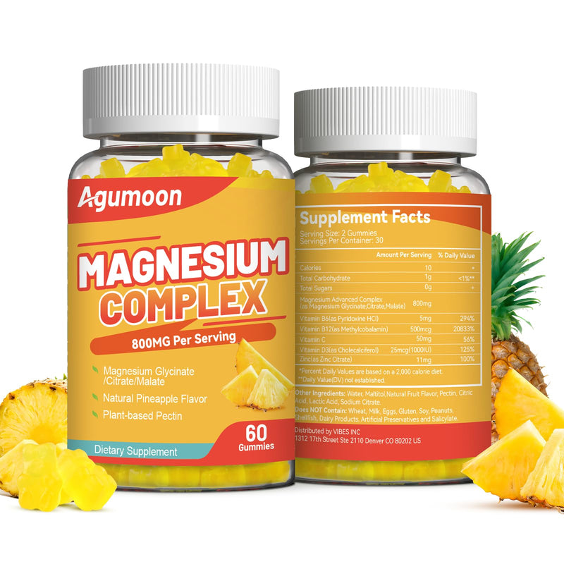 Magnesium Complex Gummies 800mg with Zinc & B6, B12, C, D3, 120 Count | High Absorption Glycinate, Citrate, Malate, Magnesium Complex for Women Men, Non-GMO, Gluten-Free, Pineapple Flavor 60 Count (Pack of 2)