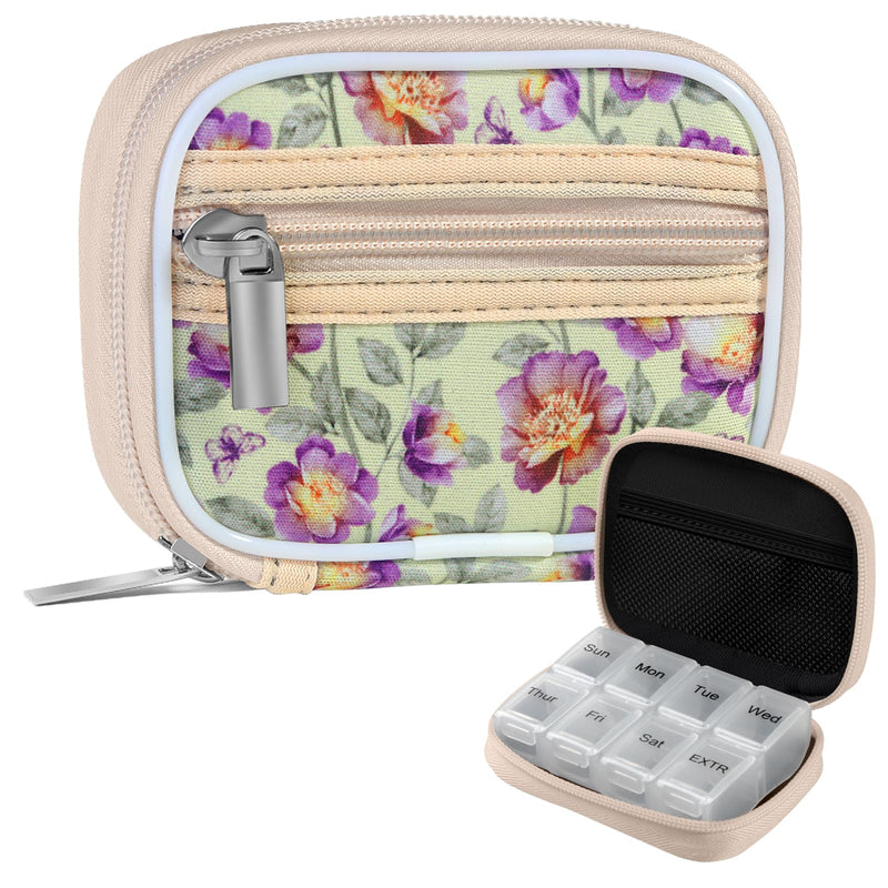 Pill Case Weekly Travel Pill Organizer for Purse with Removable 7 Day Pill Box Premium Neoprene Pill Container for Travel Purse Accessory, Vitamin, Supplement, Small Pieces Arrangement-Flower Flower