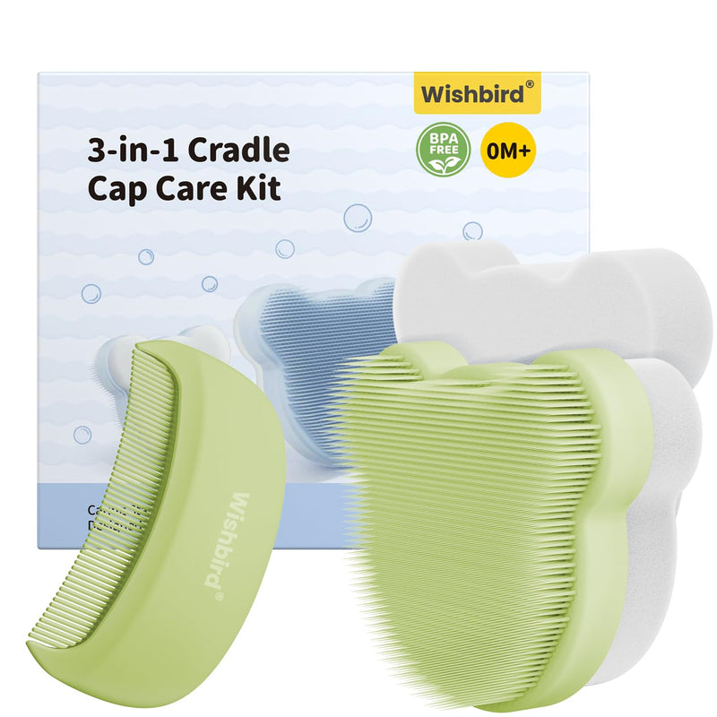 [Australia] - Cloud Baby Cradle Cap Brush Kit, 3-in-1 Cradle Cap Treatment Set with Soft Brush, Curved Comb & Sponge, BPA-Free, Easy to Use | Baby Bath Essentials - Extra Sponge, Serene Green 