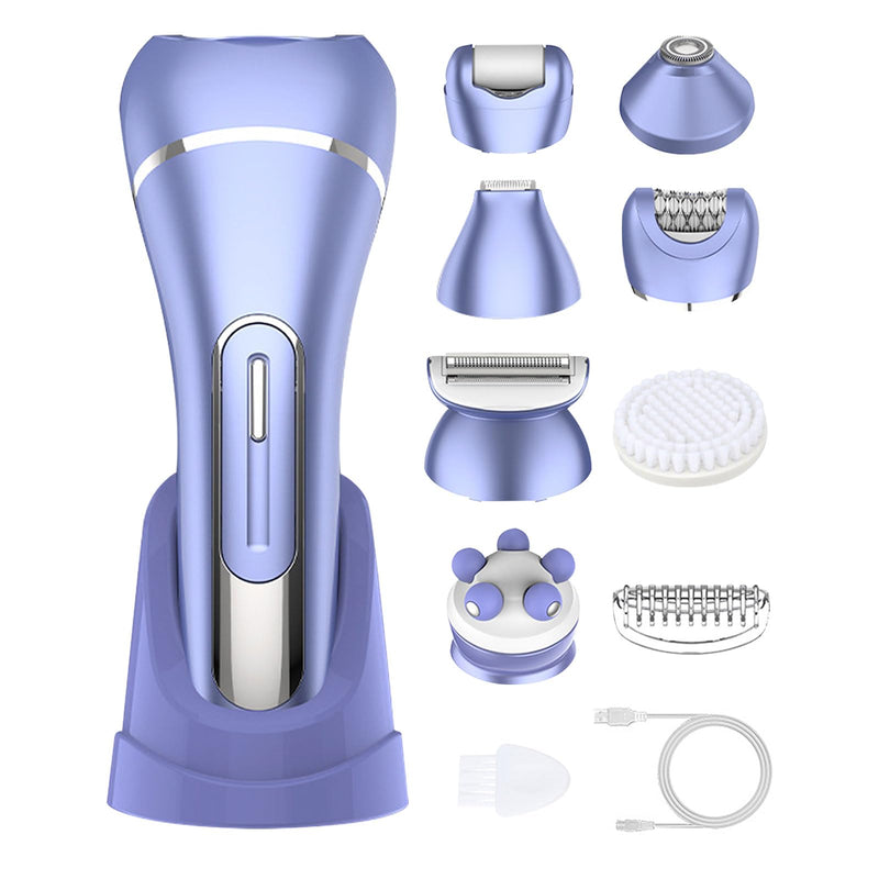 [Australia] - Epilator for Women, 7 in 1 Replaceable Hair Removal & Massager & Cleaner Devices, Bikini Trimmer, Face Massage, Face Exfoliating Brush, Foot Callus Remover, IPX7 Waterproof Razors (Purple) Purple 