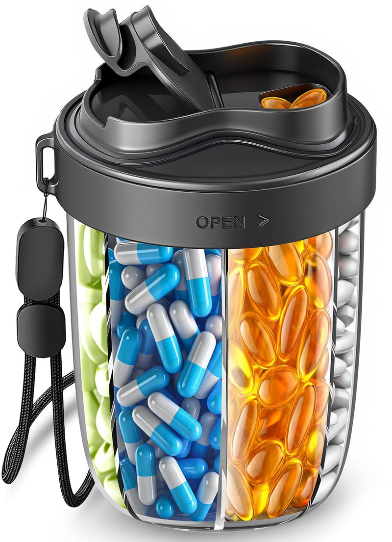 [Australia] - Large Pill Organizer with 7 Large Compartments - Portable Pill Dispenser for Travel, Anti-Mix Design & Wide Opening Design, Easy Access to Vitamin Dispenser, Includes 20 Blank Stickers (Black) Black 