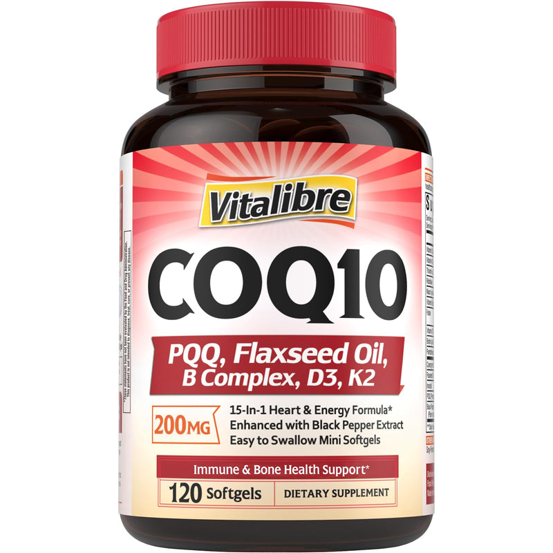 Vitalibre CoQ10 200mg, Ubiquinone with PQQ, Folate, Niacin, K2, D3, Black Pepper, High Absorption, Powerful Antioxidant, Energy Booster, Immune & Bone Support, 120 Softgels, 4 Month Supply
