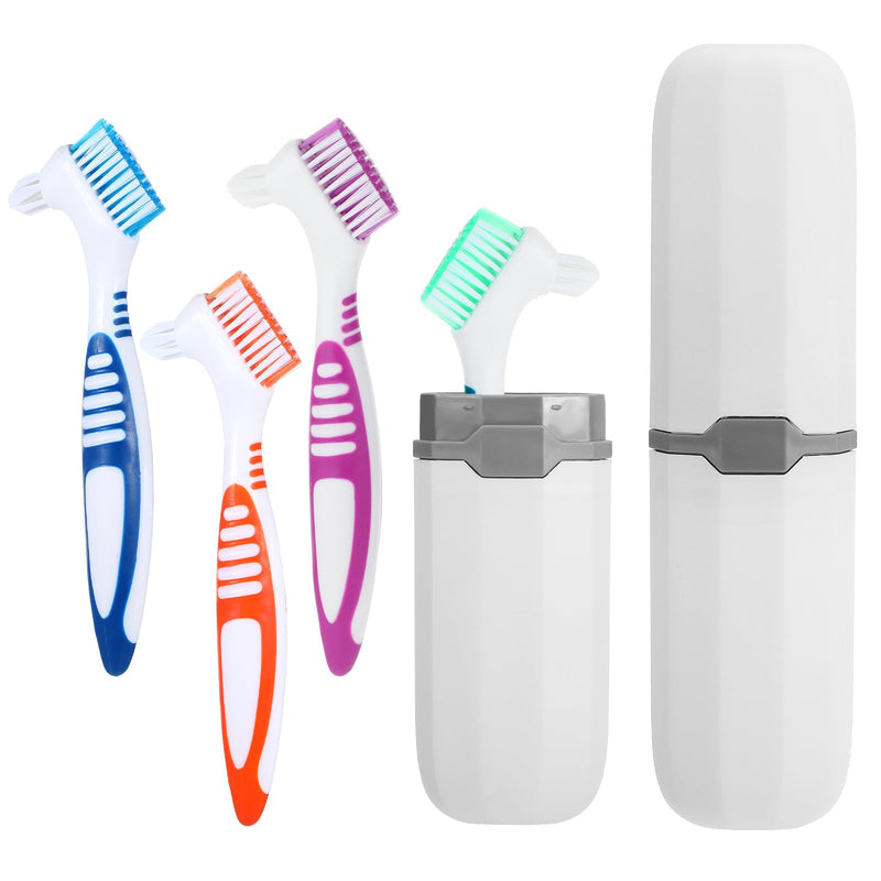[Australia] - 4 Pcs Denture Brush, Portable Denture Toothbrushes with Carrying Case, Dual Angled False Teeth Care Cleaning Brush with Multi-Layered Soft Bristles (Purple, Green, Blue, Orange) 