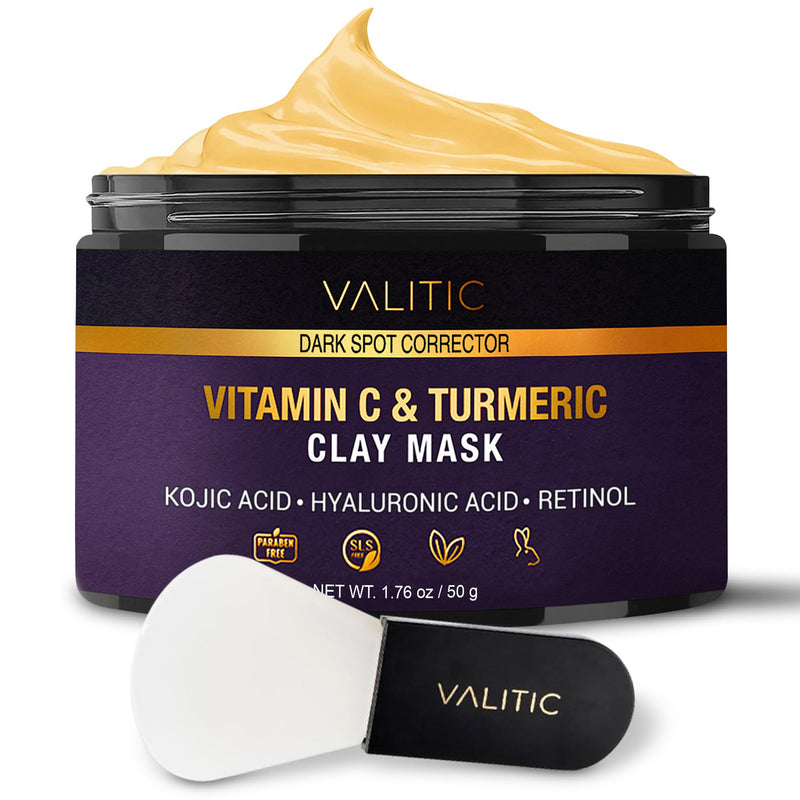 VALITIC Vitamin C & Turmeric Clay Mask - Dark Spot Corrector with Kojic Acid, Hyaluronic Acid & Retinol - Skin Care Routine for Minimizing Pores & Blackheads - with Applicator Brush - 50g 1.76 Ounce (Pack of 1)