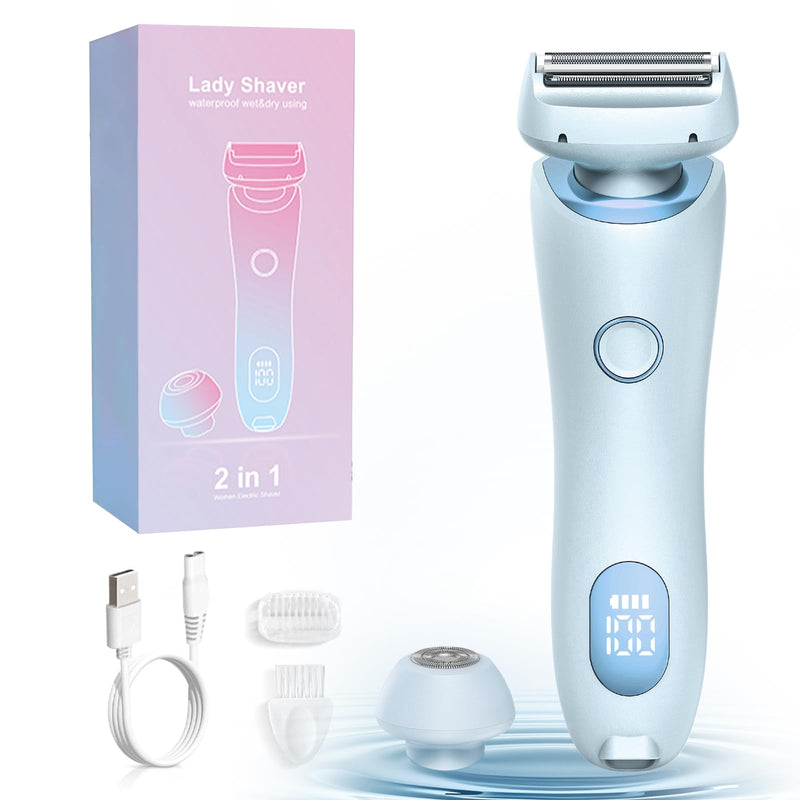 Electric Shaver for Women, 2 in 1 Wet & Dry Bikini Trimmer with 2 Removable Heads, Painless Hair Removal for Bikini, Legs, Underarms, Body (Blue)