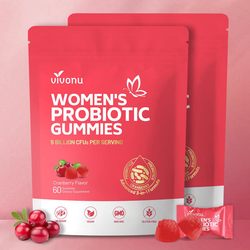 VivoNu Viginal Probiotic for Women, Women Probiotic Gummies, 60 Gummies | Feminine Balance Gummies, Cranberry Probiotics for Woman Vaginigal Health, Yeast Ph Balance 120P/2Bags