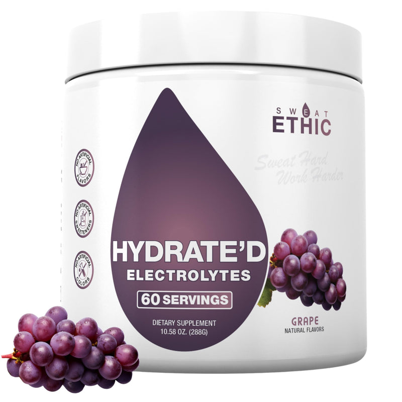 Sweat Ethic Hydrate’D Electrolytes, Electrolyte Powder with Potassium Magnesium & Vitamin C, Easy Mix Powder for Hydration & Performance Support, Natural Ingredients, Grape Flavor, 60 Servings 12 Ounce (Pack of 1)